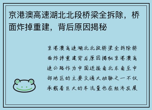 京港澳高速湖北北段桥梁全拆除，桥面炸掉重建，背后原因揭秘