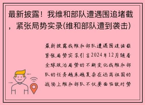 最新披露！我维和部队遭遇围追堵截，紧张局势实录(维和部队遭到袭击)