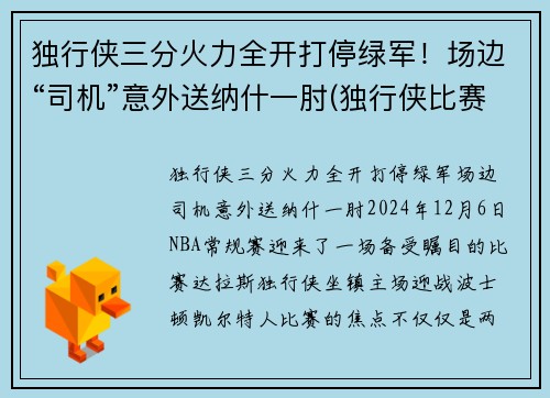 独行侠三分火力全开打停绿军！场边“司机”意外送纳什一肘(独行侠比赛视频)